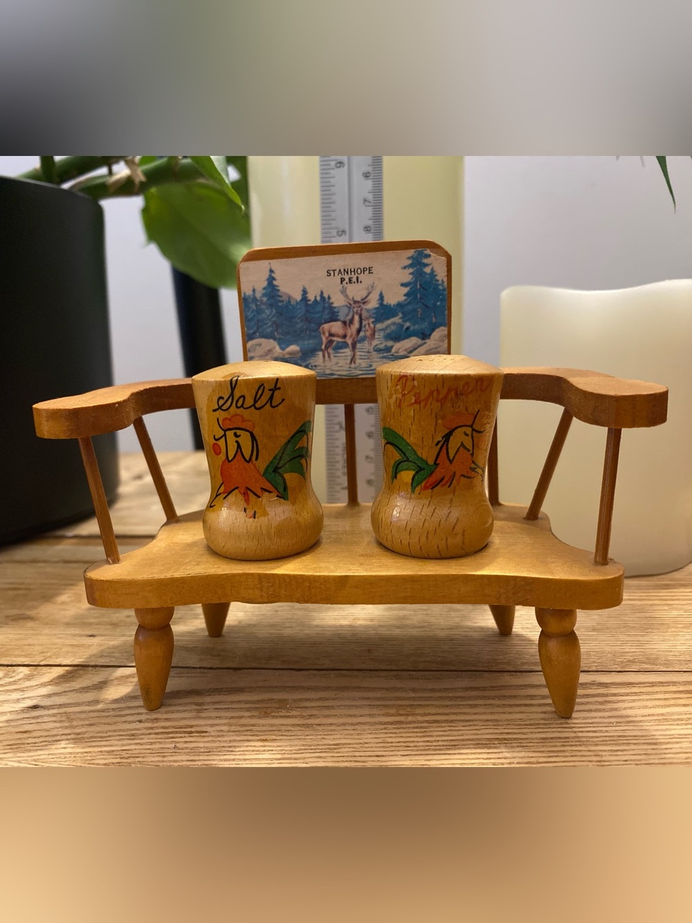 Vintage Wooden Bench Salt & Pepper Shakers PEI Souvenir Hand Painted Rooster
